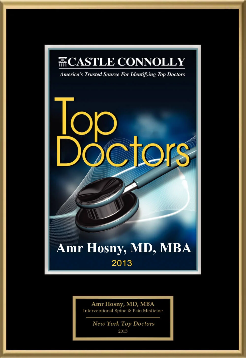 Castle Connolly Top Doctor New York Metro Area 2013 awarded to Dr. Amr Hosny for pain medicine