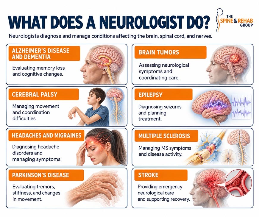 Medical infographic from The Spine & Rehab Group illustrating eight neurological conditions, including nerve-related disorders, epilepsy, migraines, multiple sclerosis, and Parkinson’s disease.